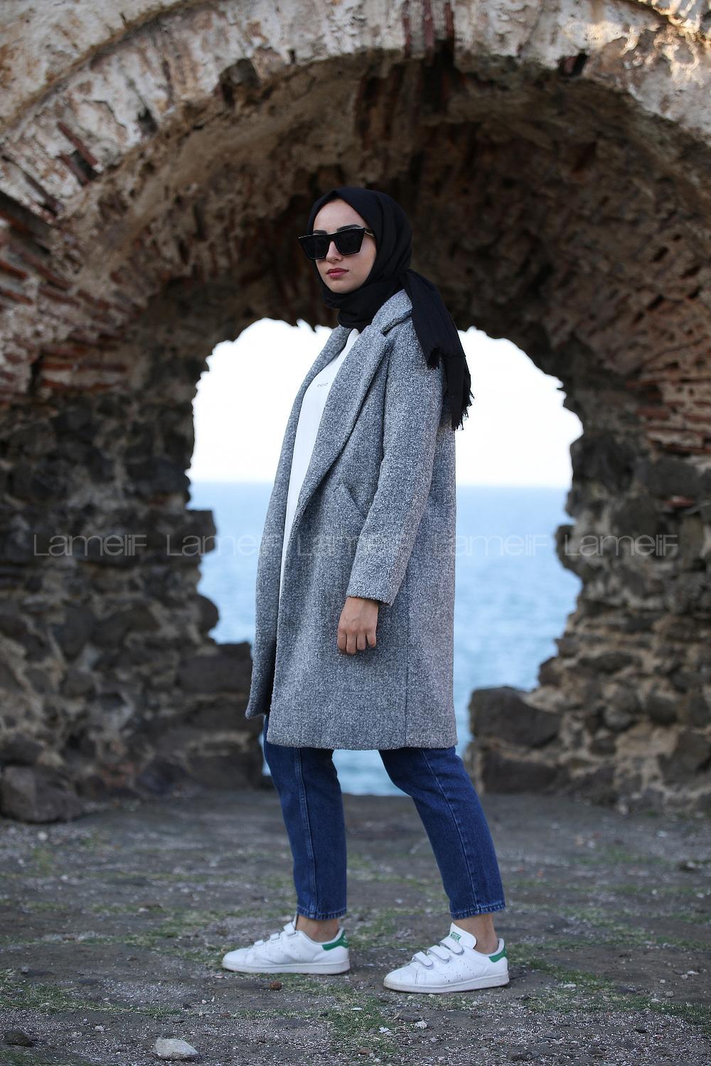 Modalamelif Tek Düğme Detaylı Buklet Kaban Gri