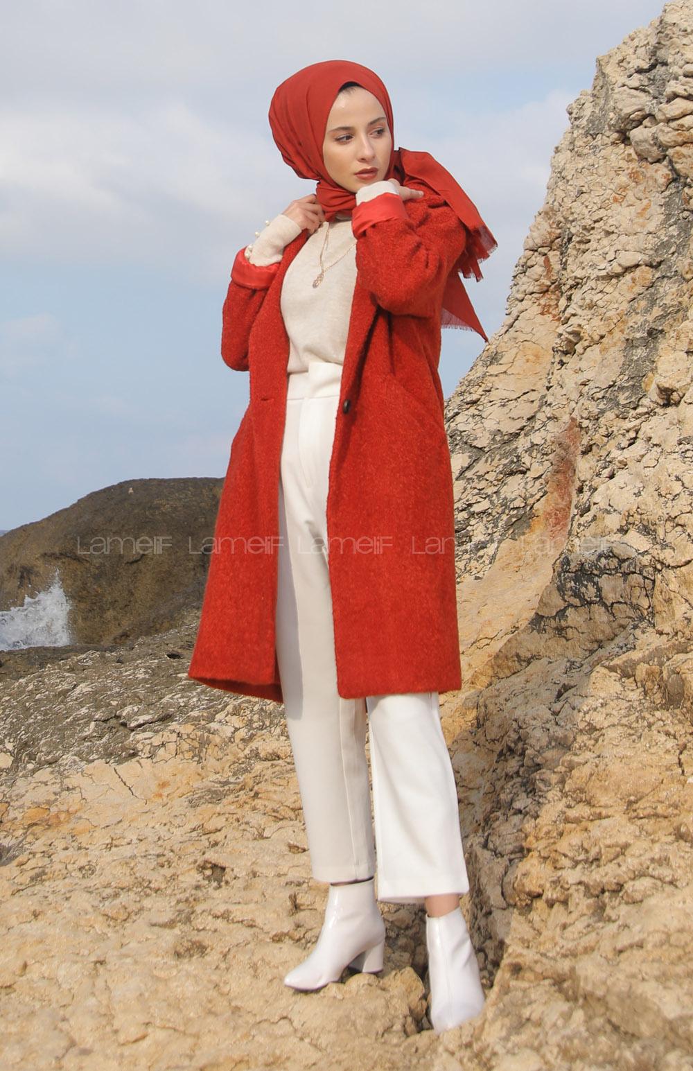 Modalamelif Tek Düğme Detaylı Buklet Kaban Kiremit