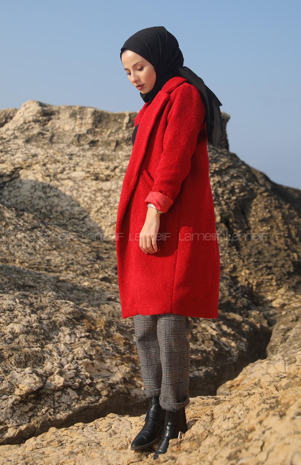 Modalamelif Tek Düğme Detaylı Buklet Kaban Kırmızı