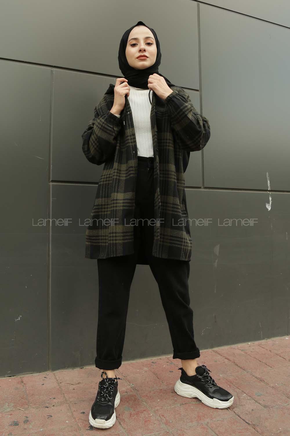 Modalamelif Arkası Yazı Baskılı Kapşonlu Ekose Tunik Haki