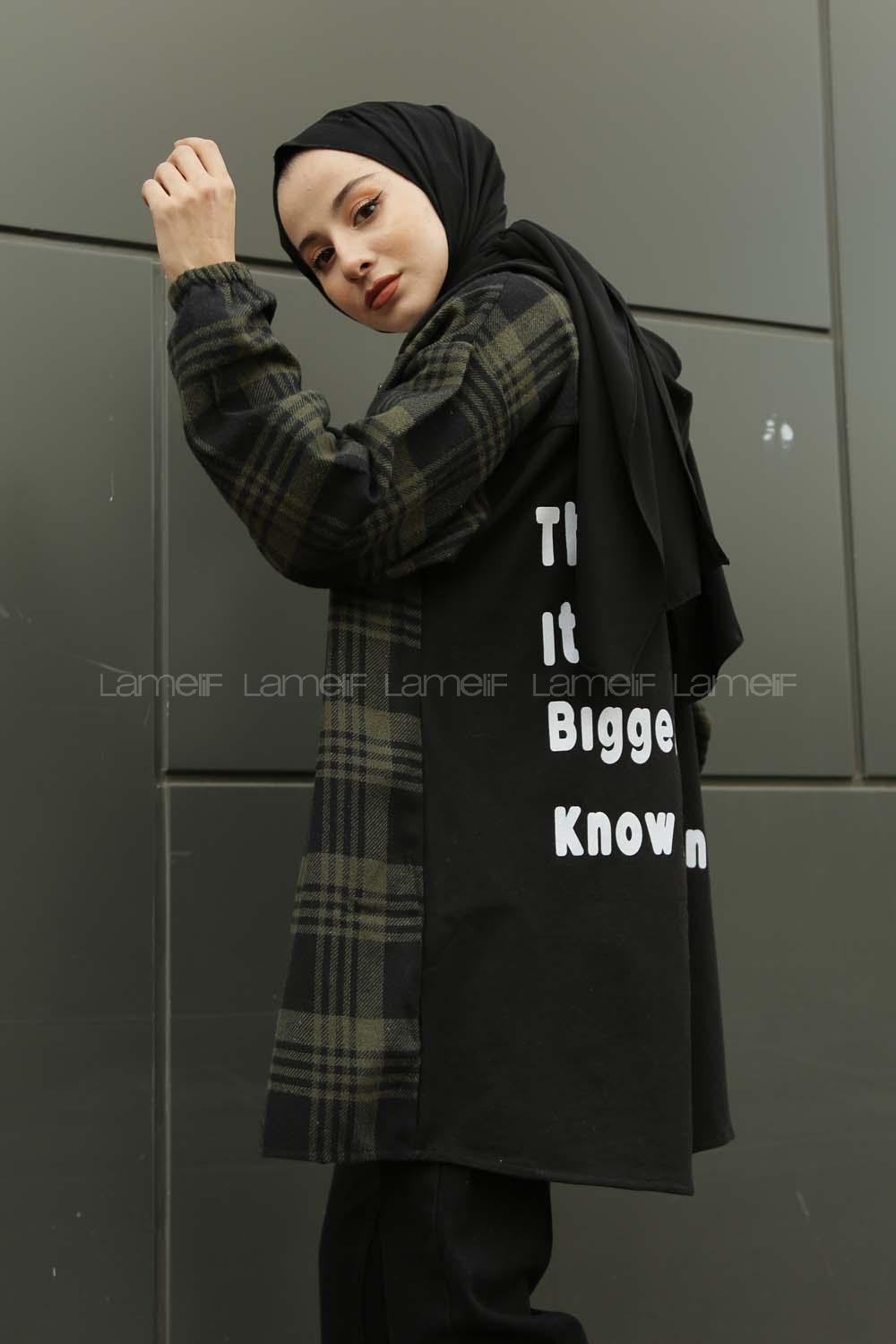 Modalamelif Arkası Yazı Baskılı Kapşonlu Ekose Tunik Haki