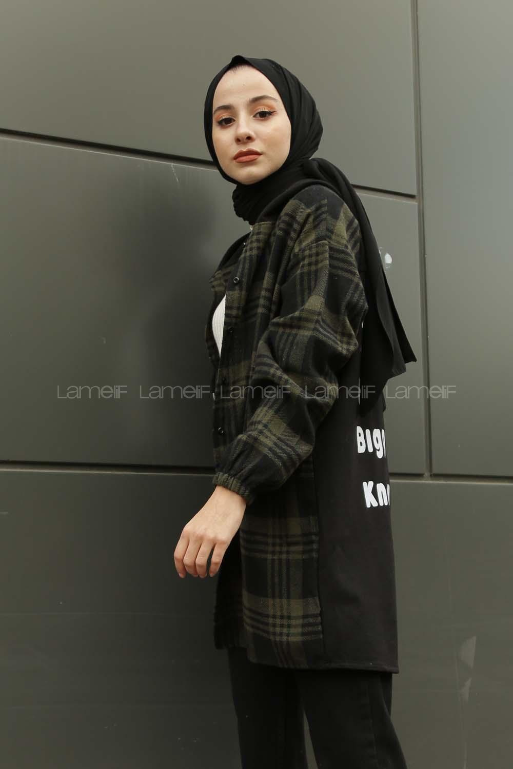 Modalamelif Arkası Yazı Baskılı Kapşonlu Ekose Tunik Haki