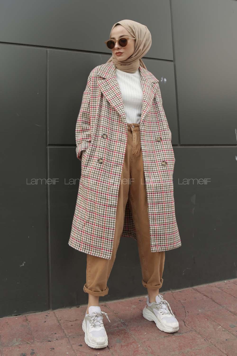 Modalamelif  Çift Cepli Önü Düğmeli  Ekose Kaban Haki Bej