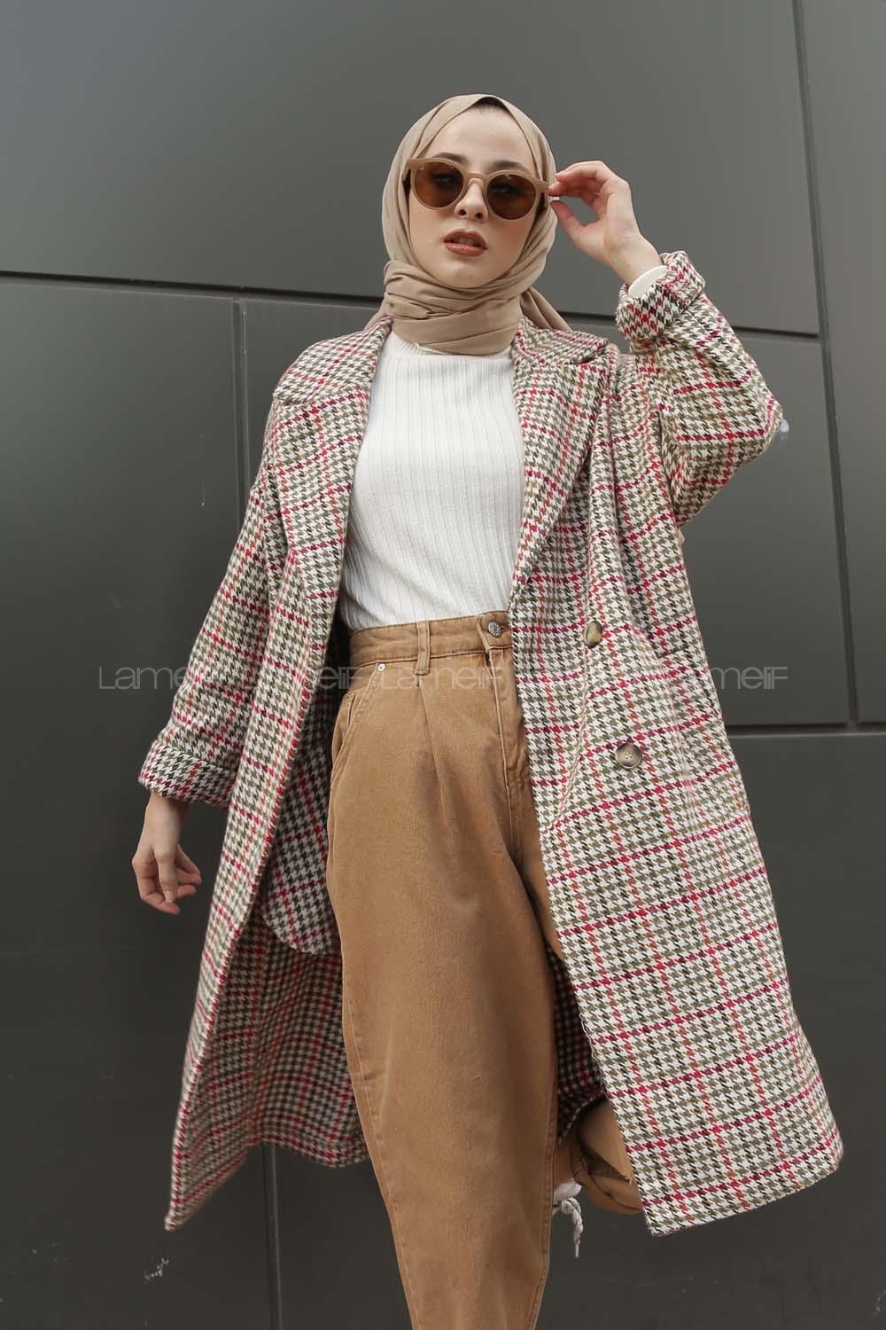 Modalamelif  Çift Cepli Önü Düğmeli  Ekose Kaban Haki Bej