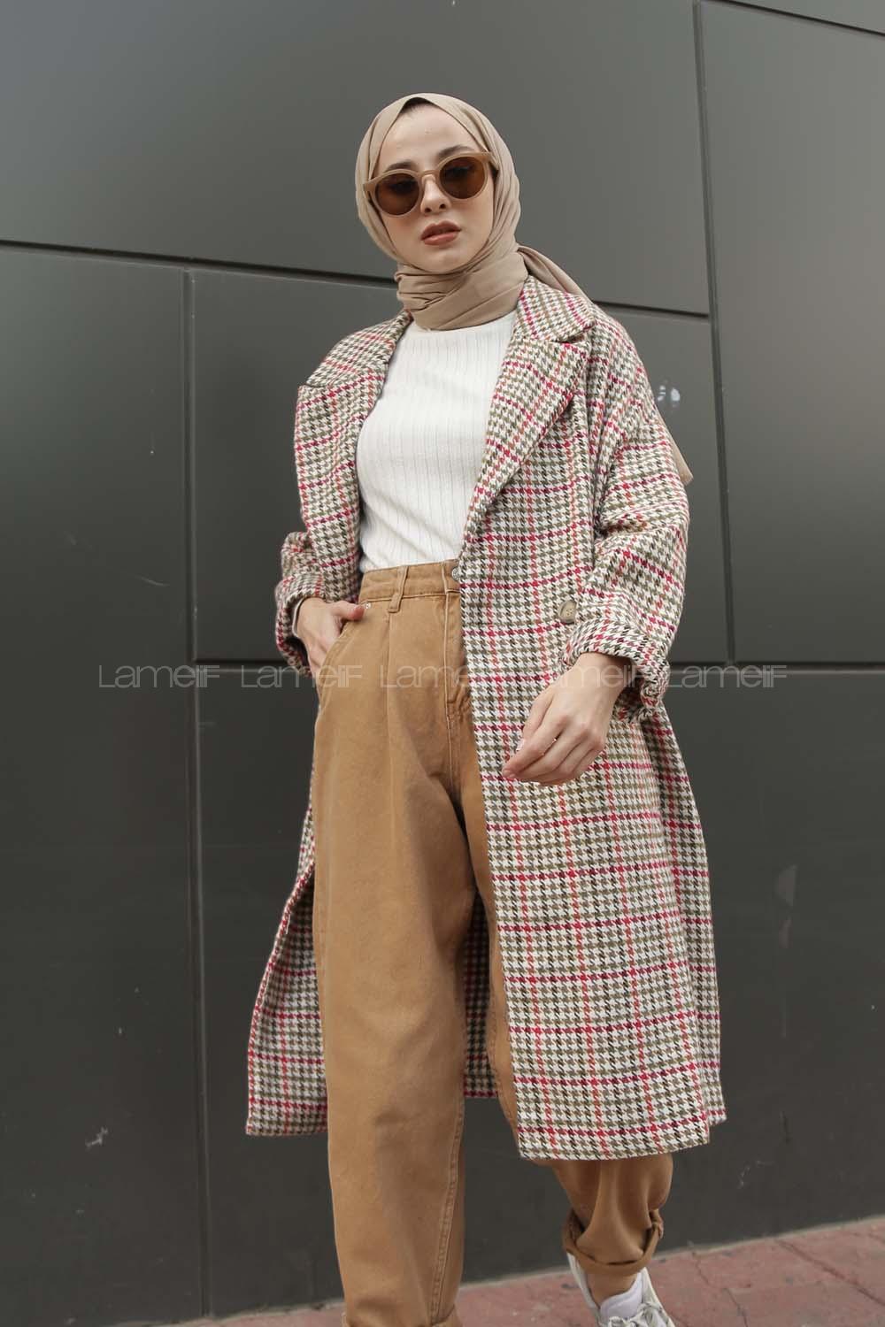 Modalamelif  Çift Cepli Önü Düğmeli  Ekose Kaban Haki Bej