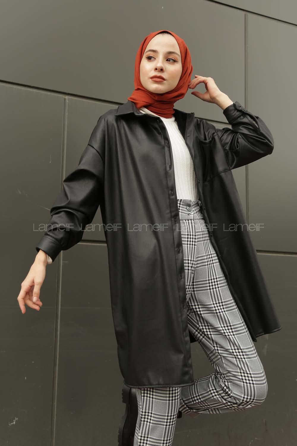 Modalamelif Düğmeli Deri Gömlek Siyah