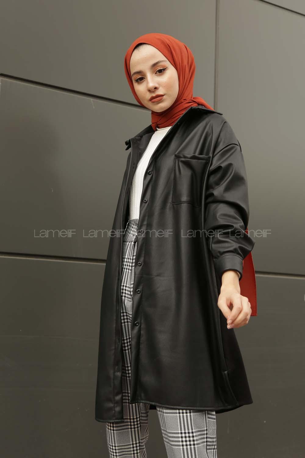 Modalamelif Düğmeli Deri Gömlek Siyah