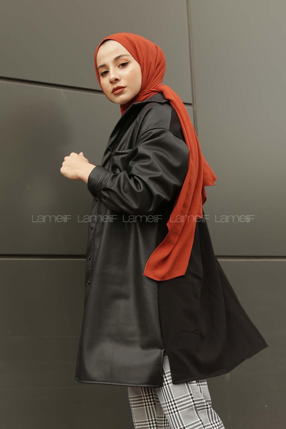 Modalamelif Düğmeli Deri Gömlek Siyah