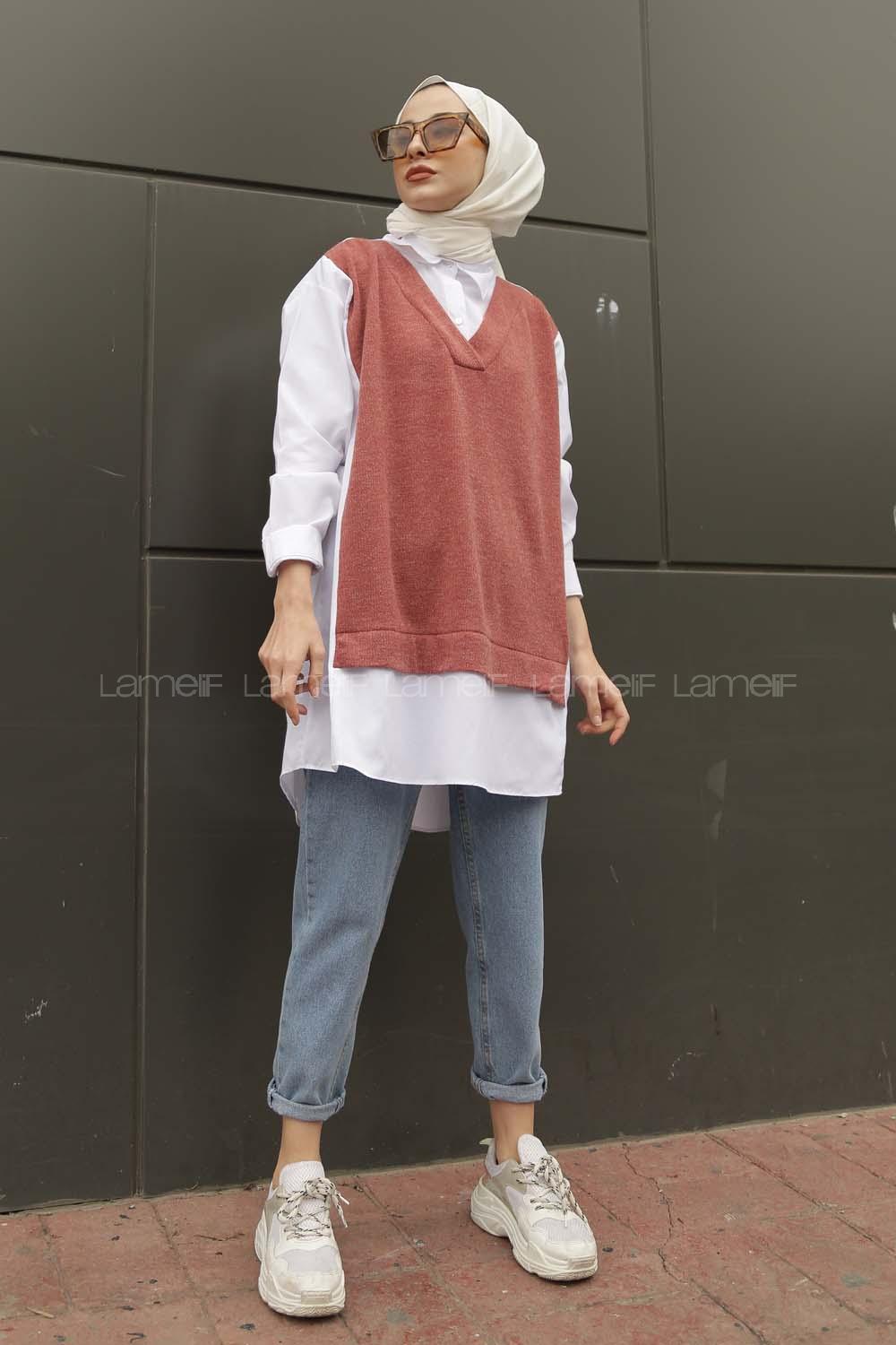 Modalamelif Gömlek Yaka Triko Tunik Gül