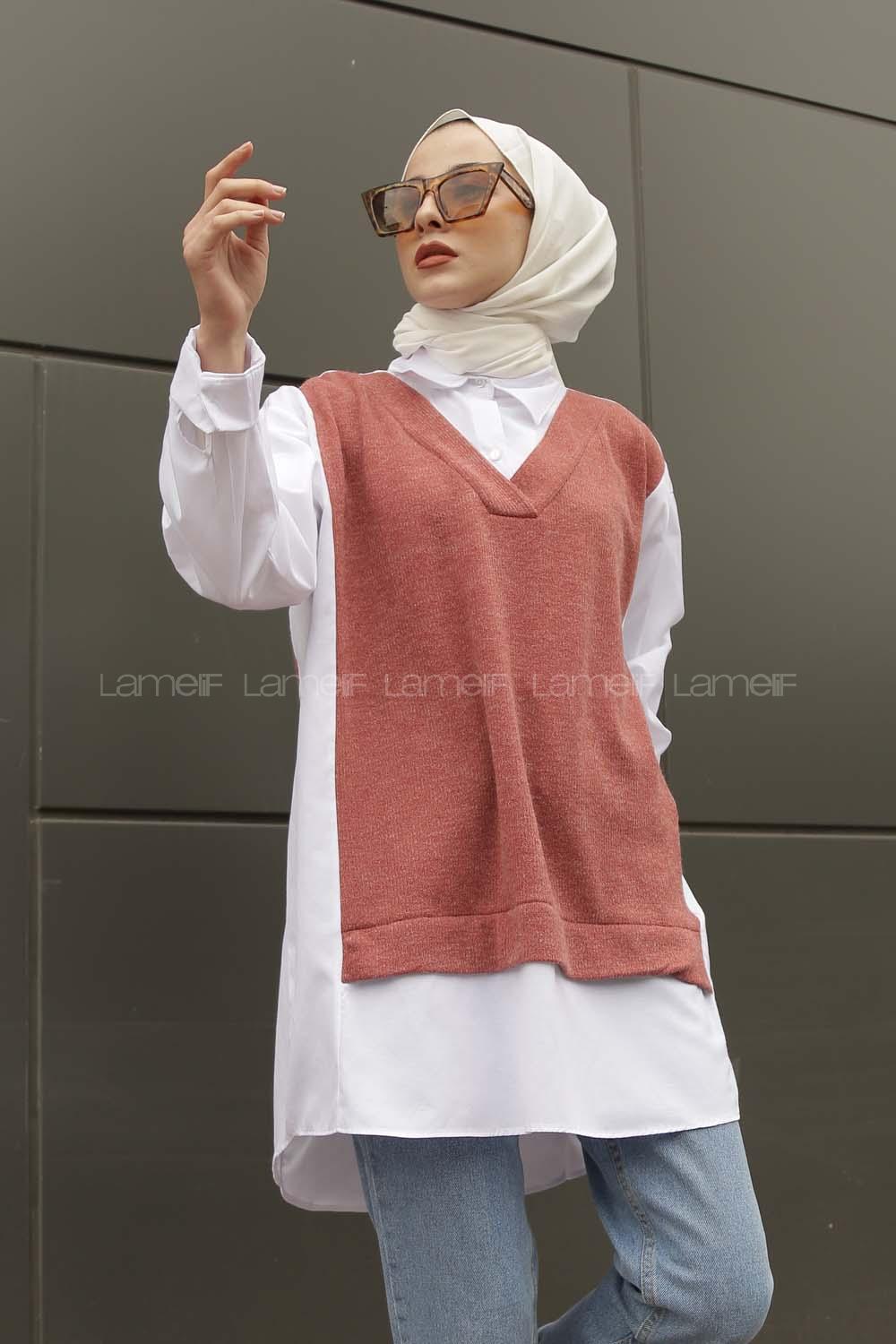 Modalamelif Gömlek Yaka Triko Tunik Gül