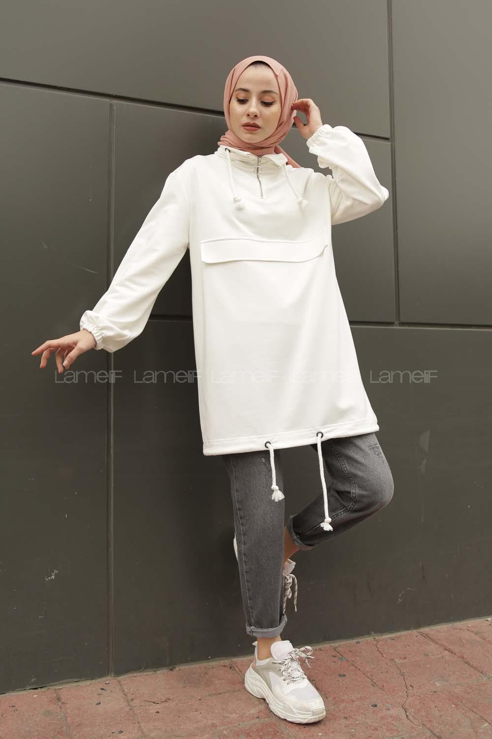Modalamelif Kanguru Cepli Yaka Fermuarlı Charlott  Sweat Beyaz