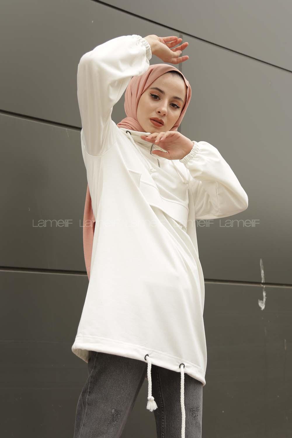 Modalamelif Kanguru Cepli Yaka Fermuarlı Charlott  Sweat Beyaz