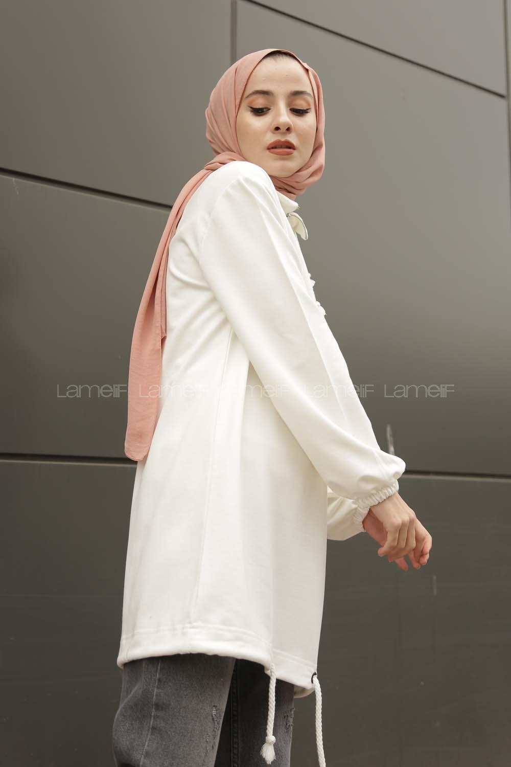 Modalamelif Kanguru Cepli Yaka Fermuarlı Charlott  Sweat Beyaz