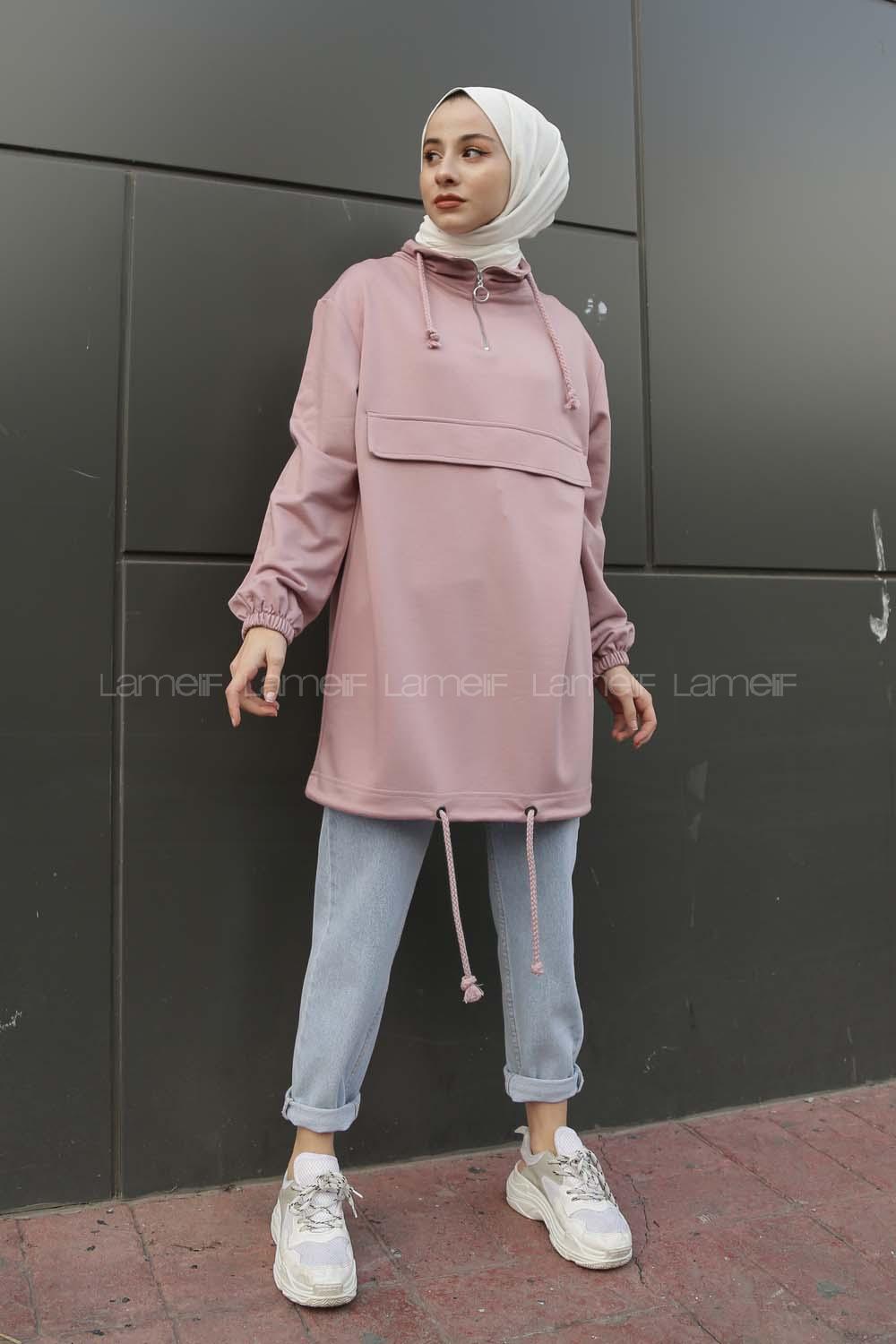 Modalamelif Kanguru Cepli Yaka Fermuarlı Charlott  Sweat Pudra