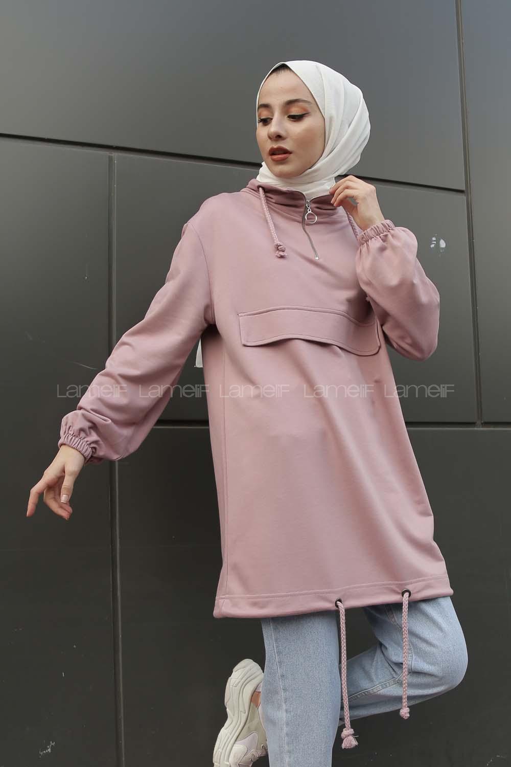 Modalamelif Kanguru Cepli Yaka Fermuarlı Charlott  Sweat Pudra