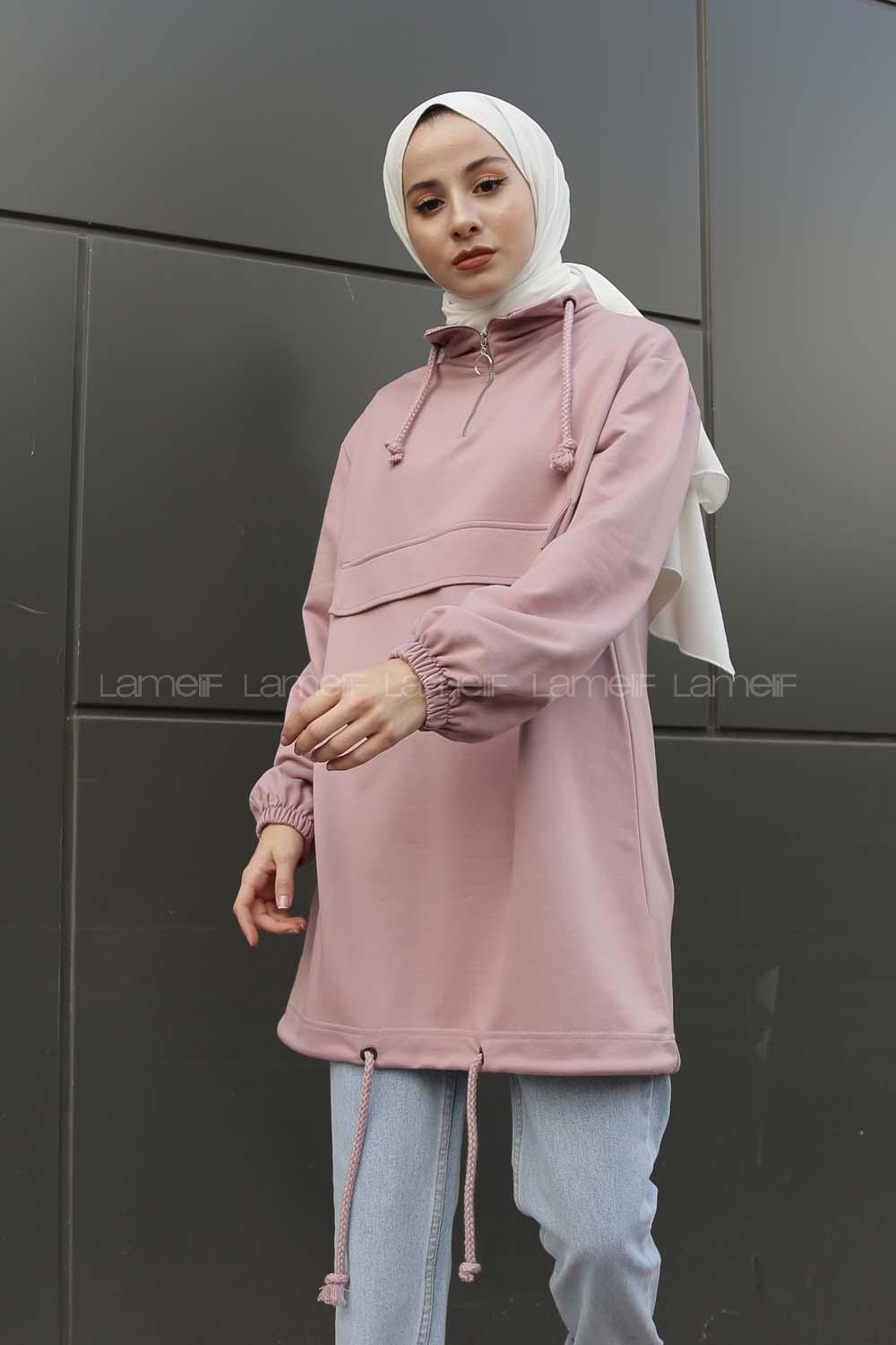 Modalamelif Kanguru Cepli Yaka Fermuarlı Charlott  Sweat Pudra