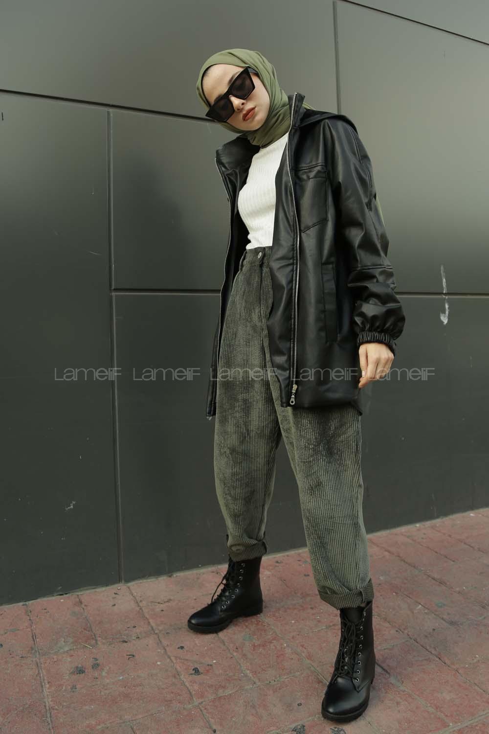 Modalamelif Kapşonlu Fermuarlı Deri Trenç Siyah