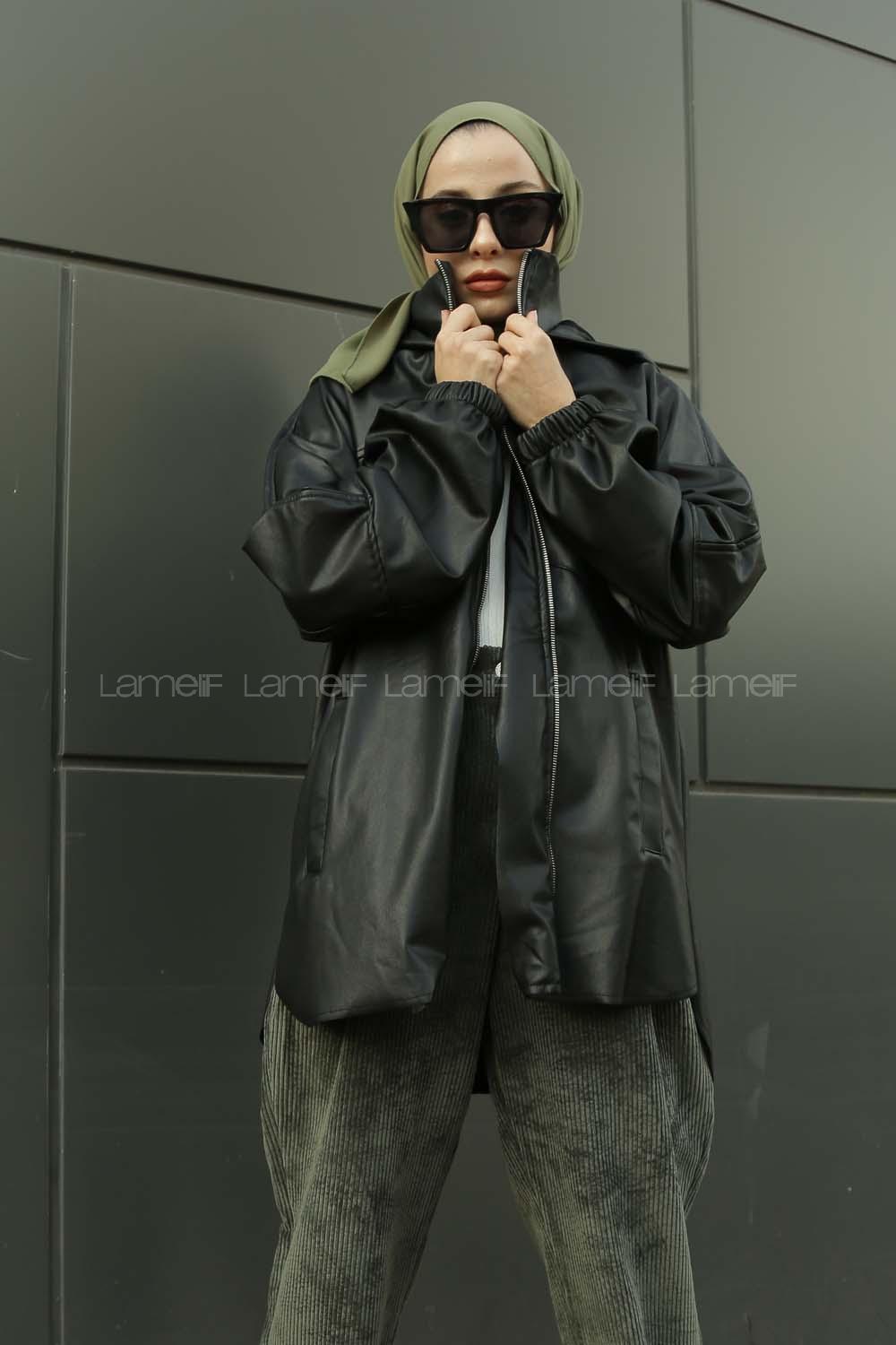 Modalamelif Kapşonlu Fermuarlı Deri Trenç Siyah