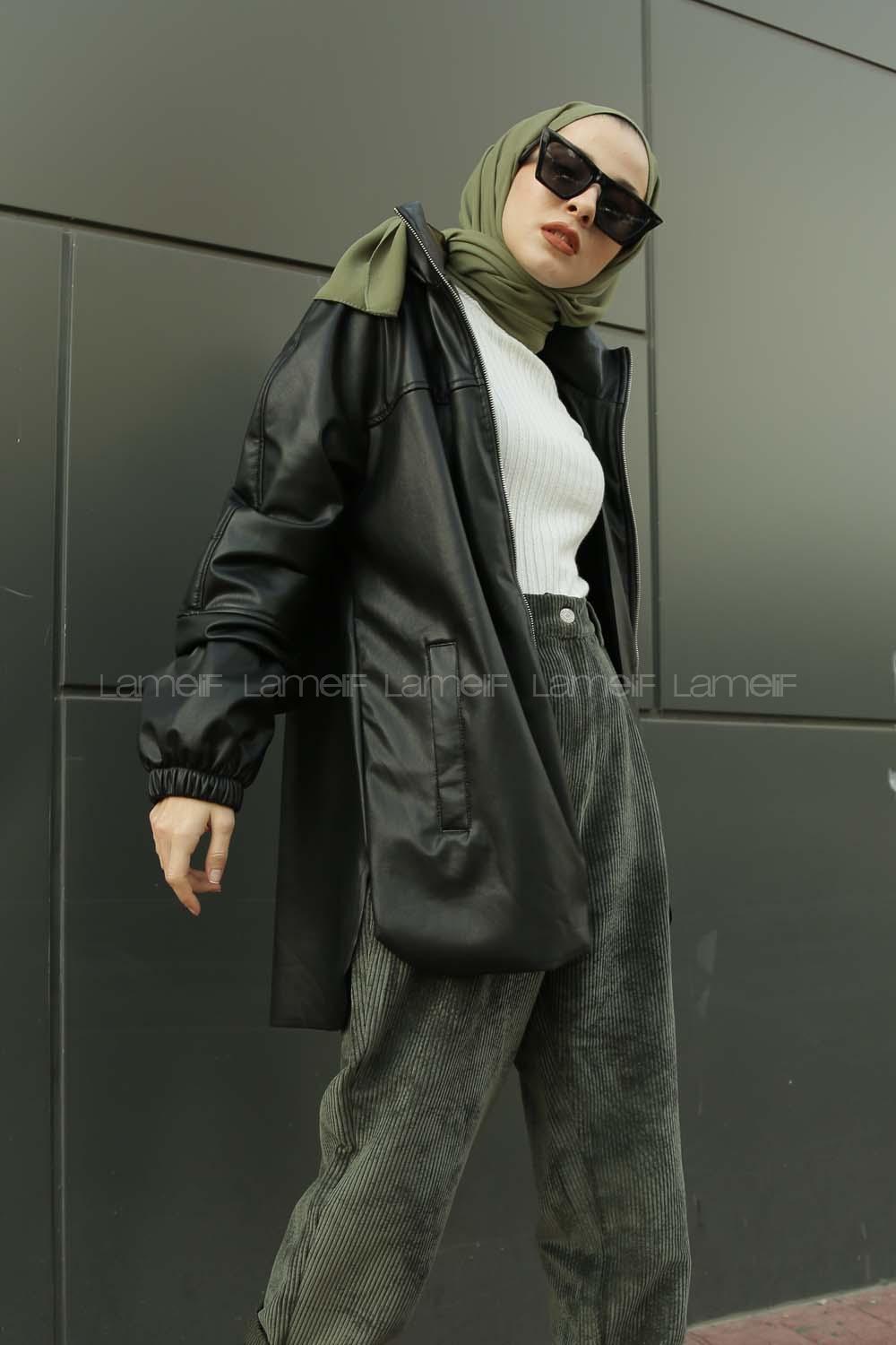 Modalamelif Kapşonlu Fermuarlı Deri Trenç Siyah