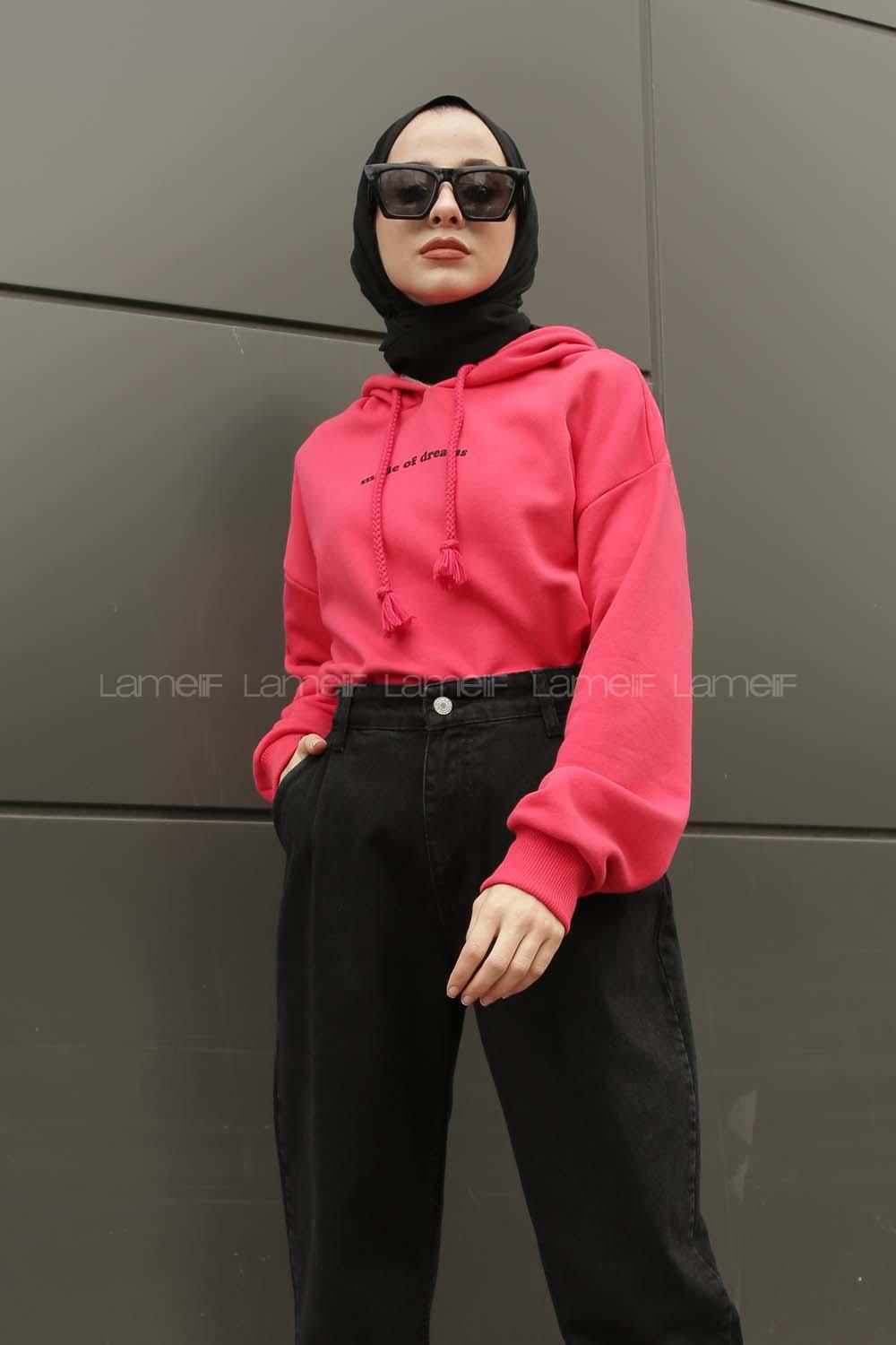 Modalamelif Kapşonlu Made Of Dreams Yazı Baskılı  Sweat Pembe