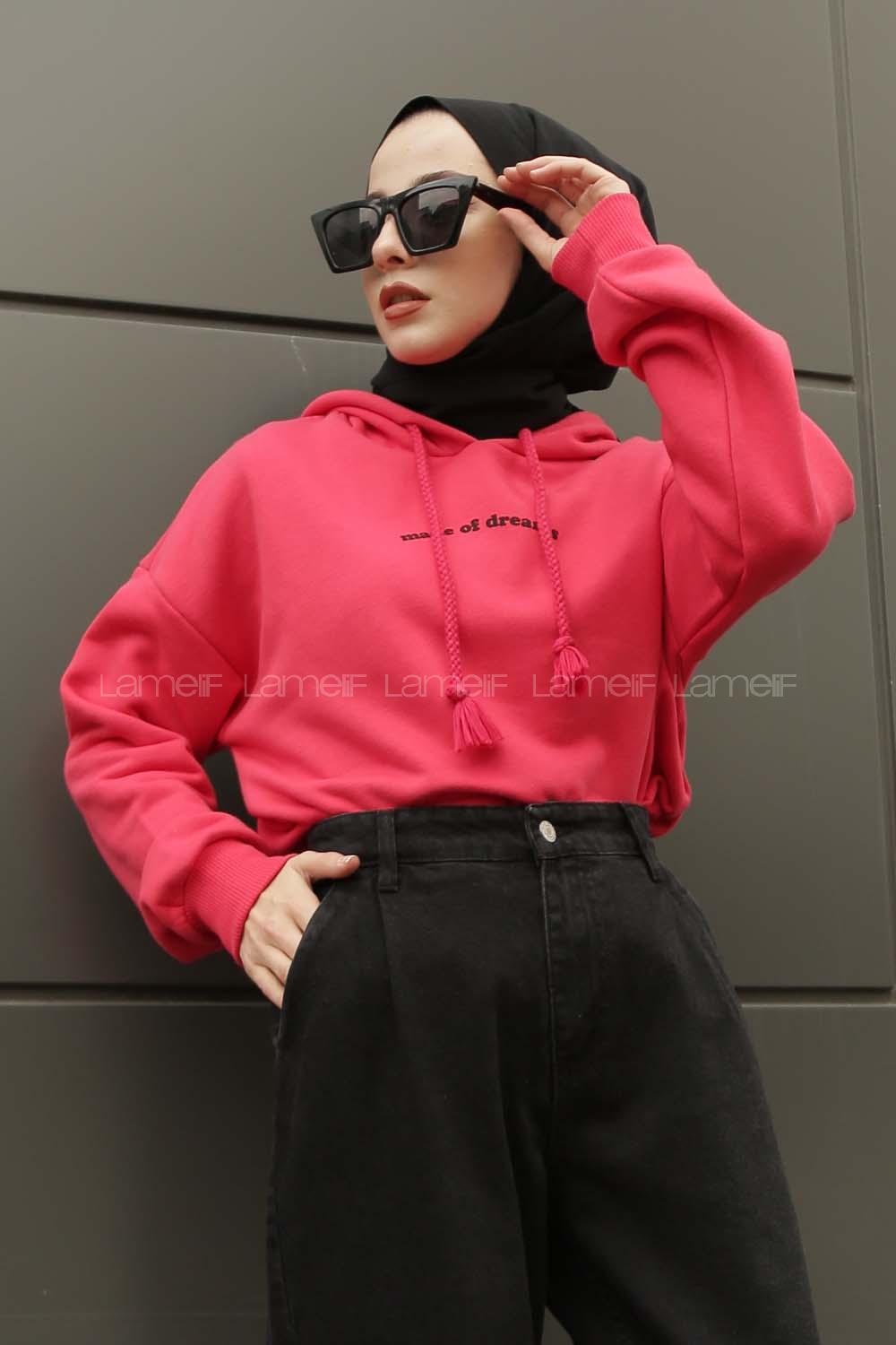 Modalamelif Kapşonlu Made Of Dreams Yazı Baskılı  Sweat Pembe