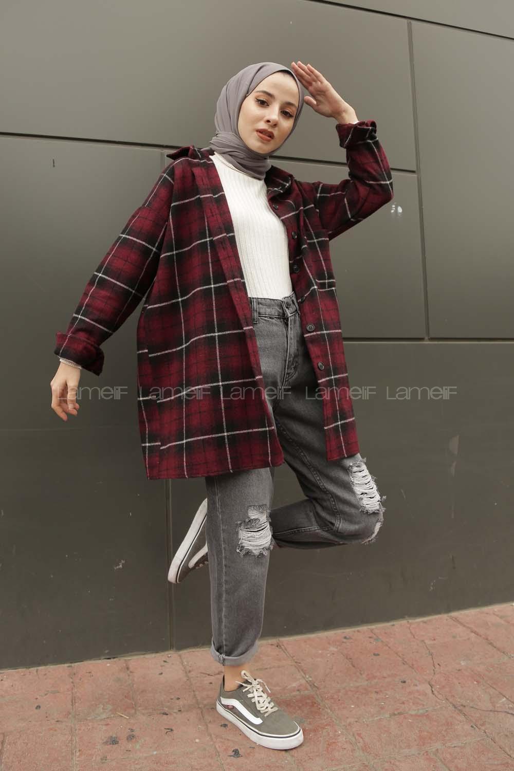 Modalamelif  Önü Düğmeli Oduncu Gömleği Bordo Siyah