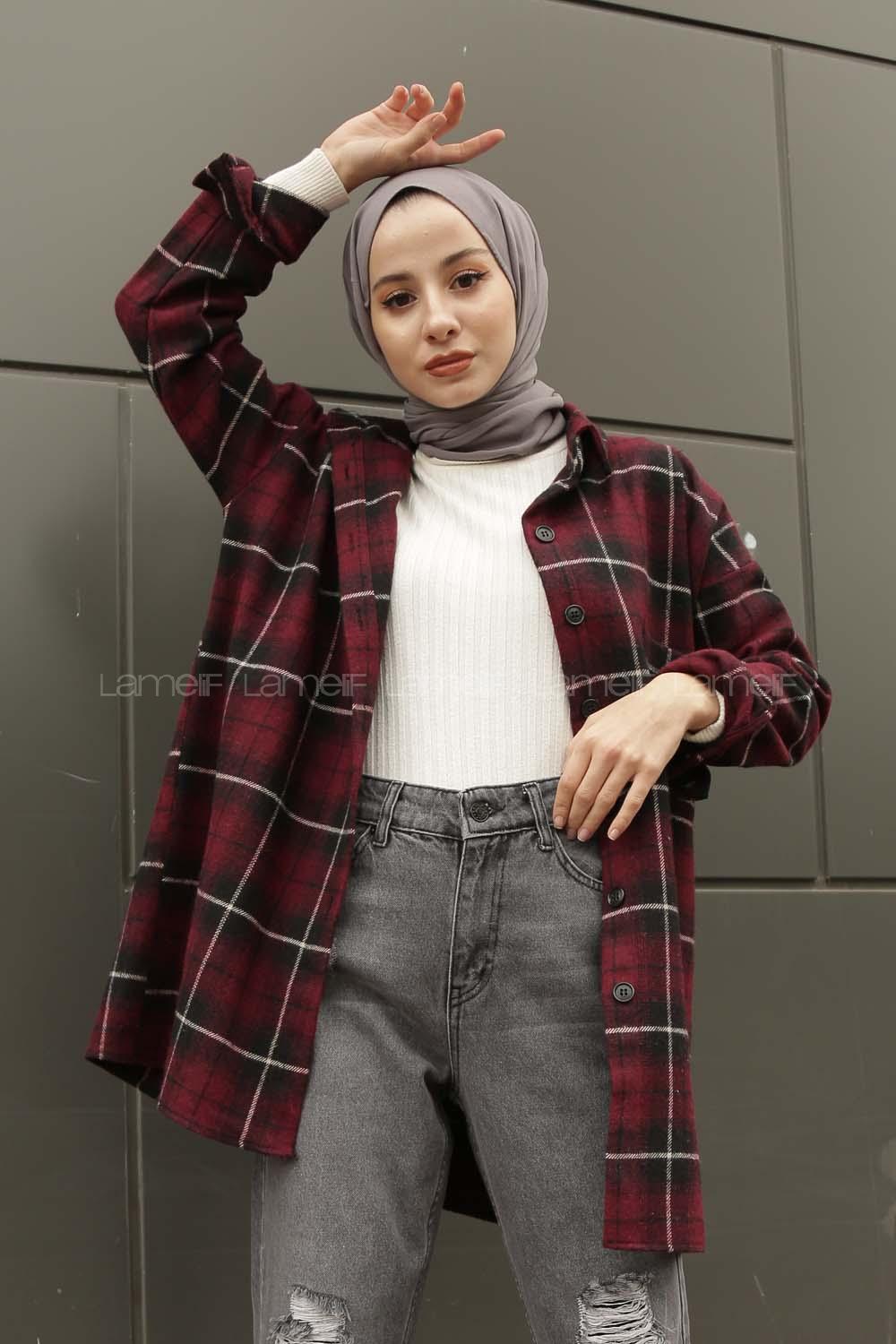 Modalamelif  Önü Düğmeli Oduncu Gömleği Bordo Siyah