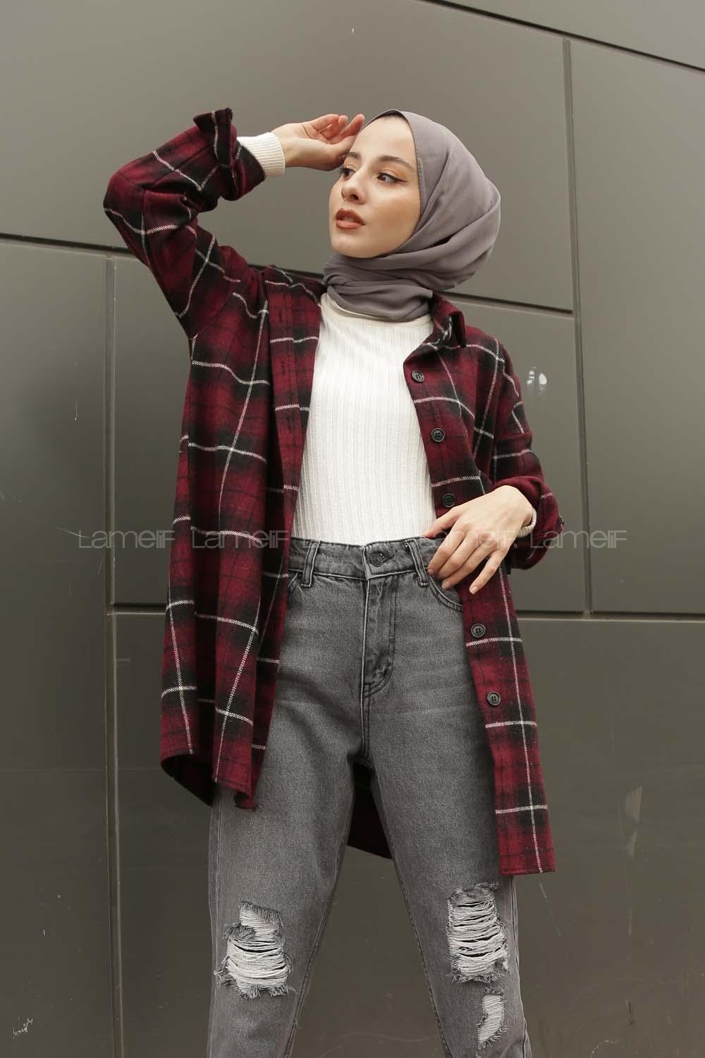 Modalamelif  Önü Düğmeli Oduncu Gömleği Bordo Siyah