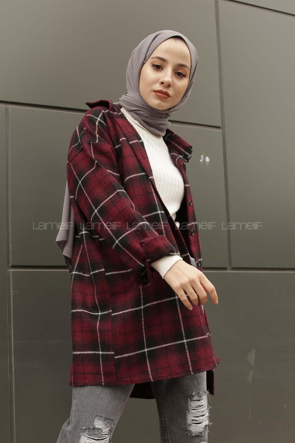 Modalamelif  Önü Düğmeli Oduncu Gömleği Bordo Siyah