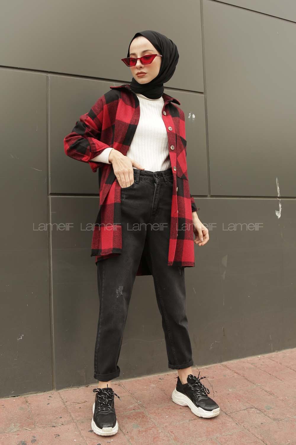 Modalamelif Tek Cepli Uzun  Ekose Gömlek Kırmızı