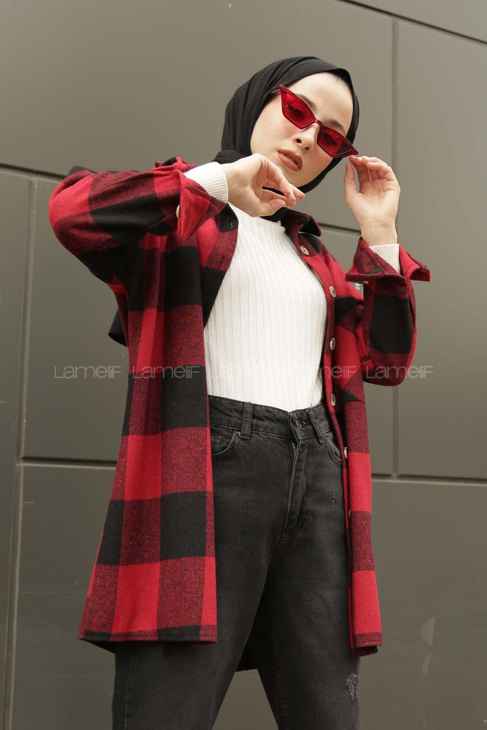 Modalamelif Tek Cepli Uzun  Ekose Gömlek Kırmızı