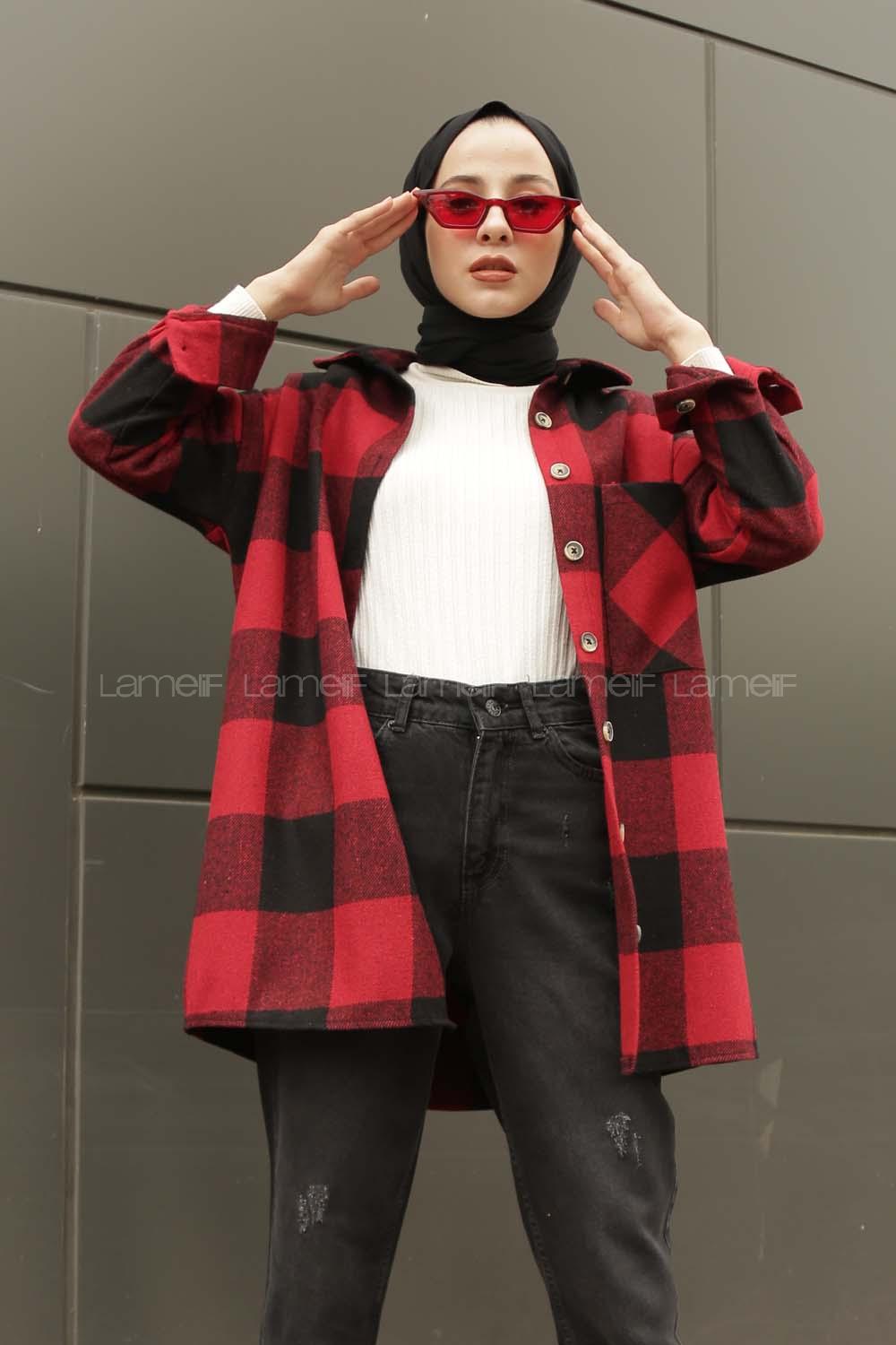 Modalamelif Tek Cepli Uzun  Ekose Gömlek Kırmızı