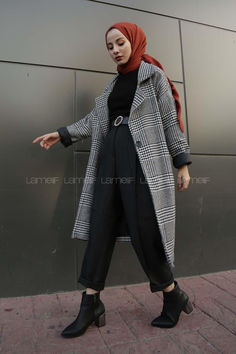 Modalamelif Düşük Kol Ekose Desen Kaban Beyaz Siyah