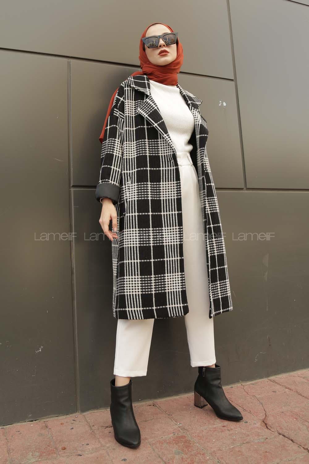 Modalamelif Düşük Kol Ekose Desen Kaban Siyah