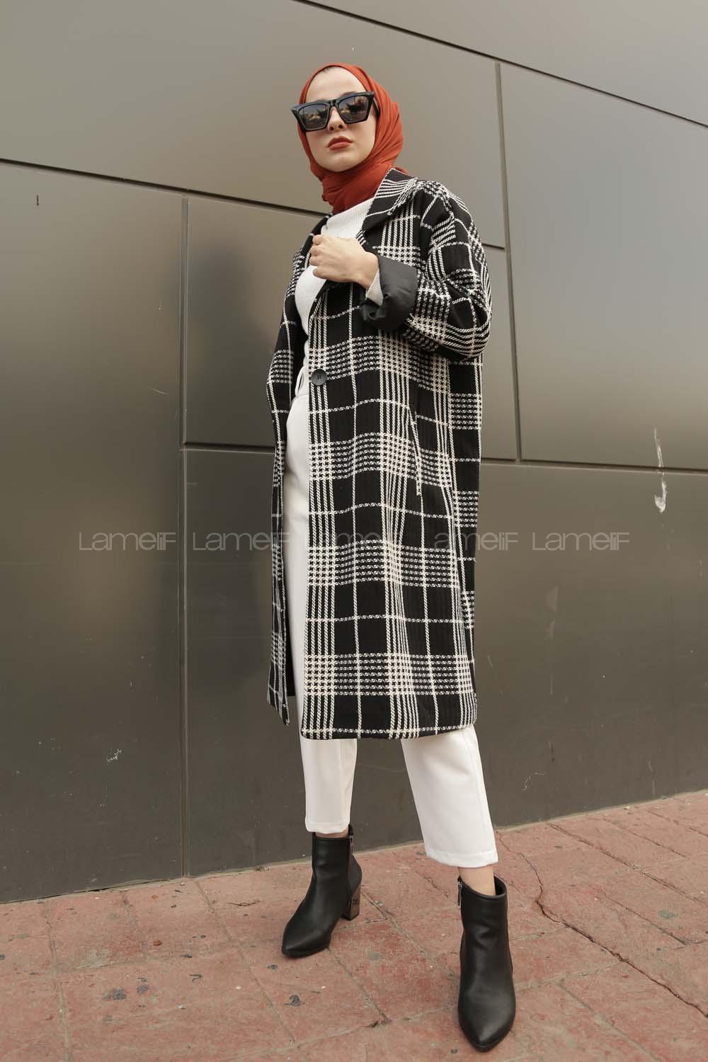 Modalamelif Düşük Kol Ekose Desen Kaban Siyah