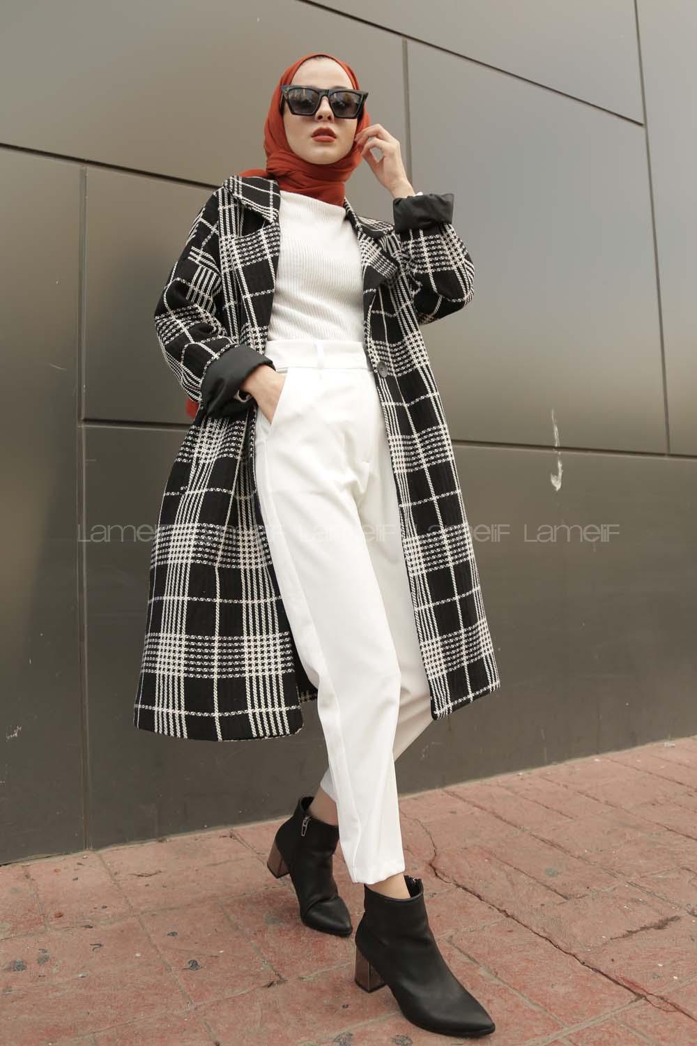 Modalamelif Düşük Kol Ekose Desen Kaban Siyah