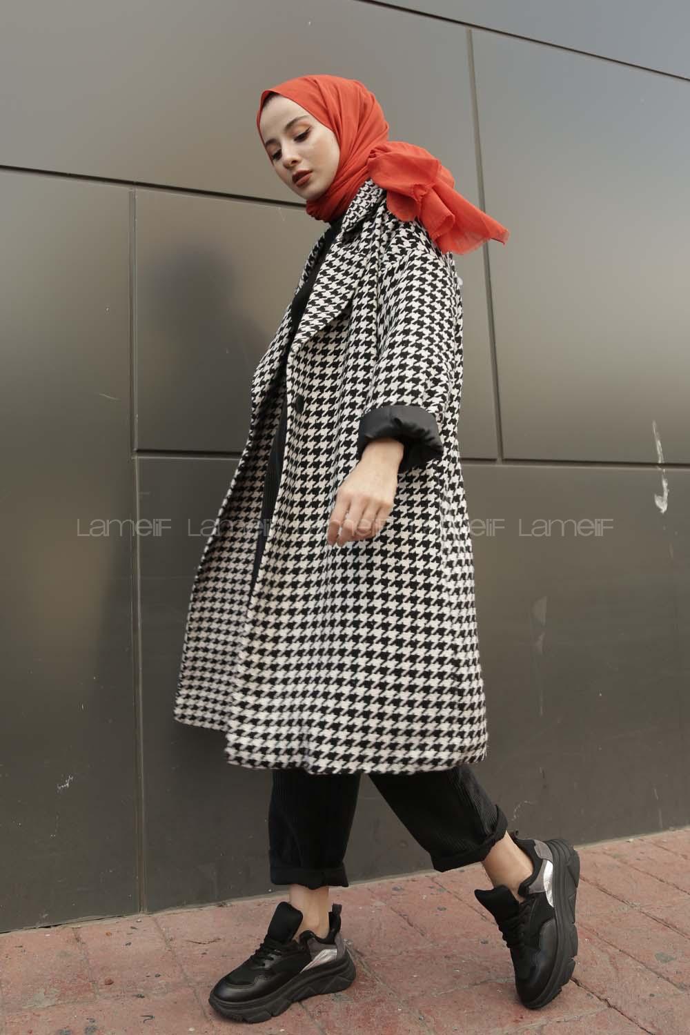 Modalamelif Düşük Kol Kazayağı Desen Kaban Siyah Beyaz