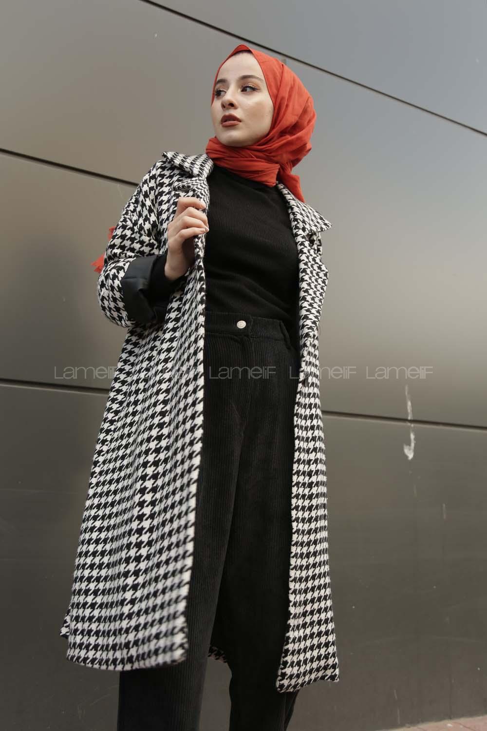 Modalamelif Düşük Kol Kazayağı Desen Kaban Siyah Beyaz