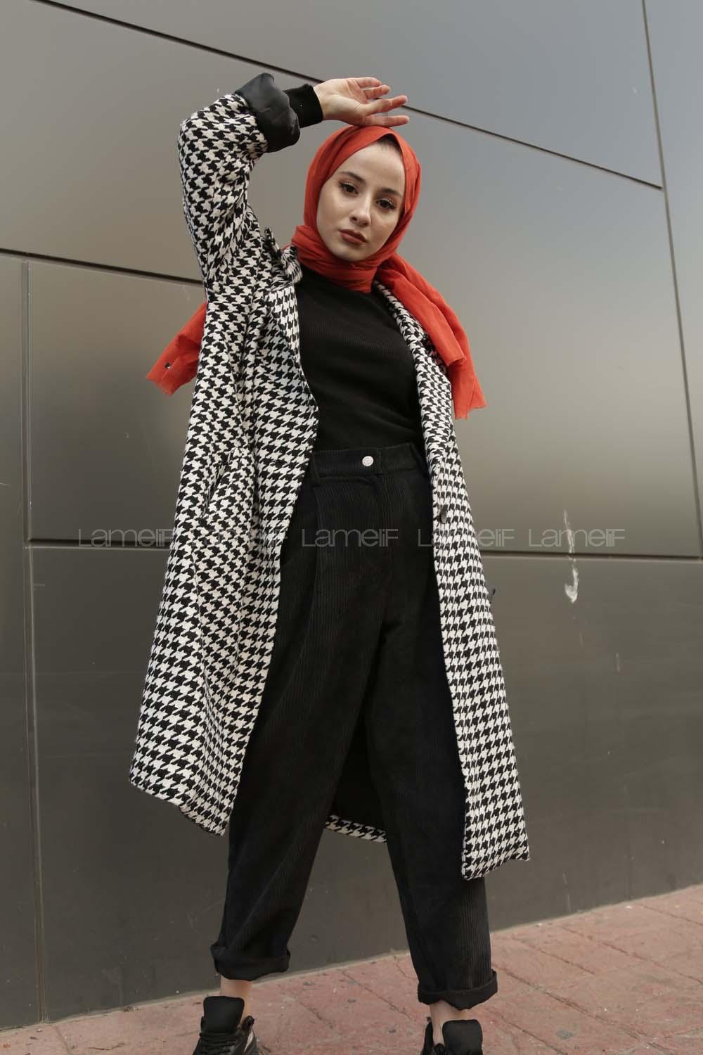 Modalamelif Düşük Kol Kazayağı Desen Kaban Siyah Beyaz