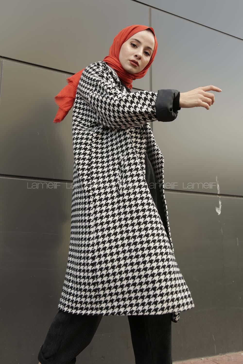 Modalamelif Düşük Kol Kazayağı Desen Kaban Siyah Beyaz