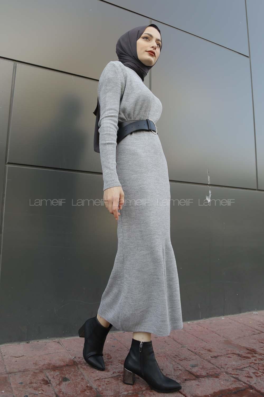 Modalamelif Fitilli Uzun Triko Elbise Gri