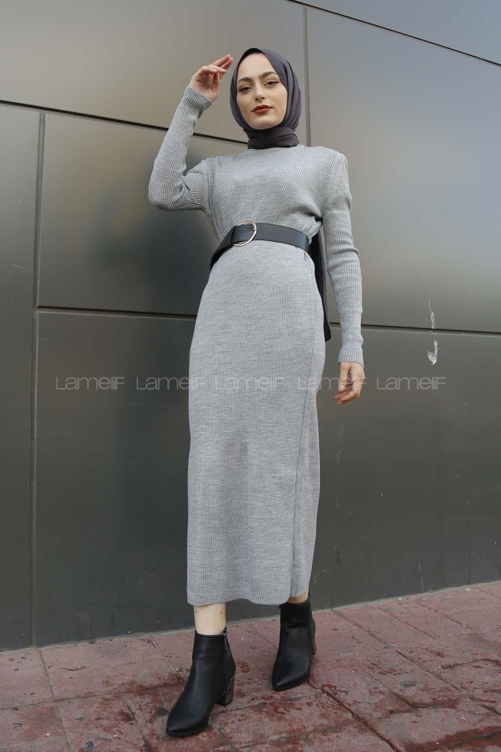 Modalamelif Fitilli Uzun Triko Elbise Gri