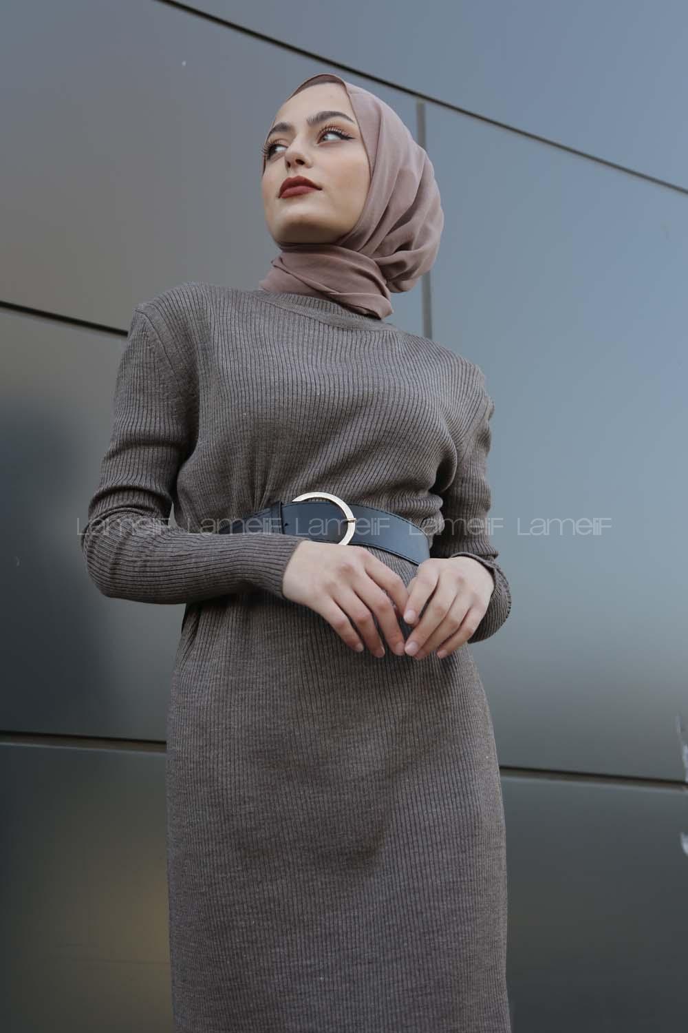 Modalamelif Fitilli Uzun Triko Elbise Vizonrengi