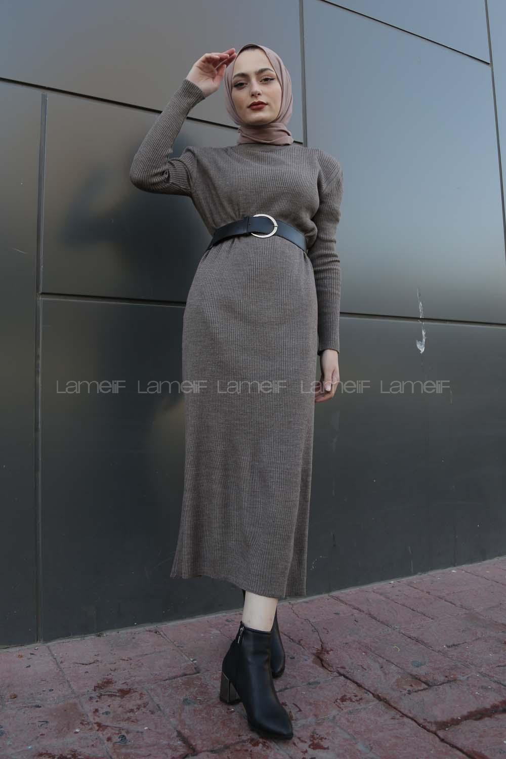 Modalamelif Fitilli Uzun Triko Elbise Vizonrengi