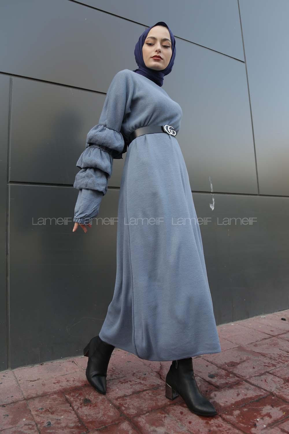 Modalamelif Kolları Fırfırlı Triko Elbise Açık Mavi