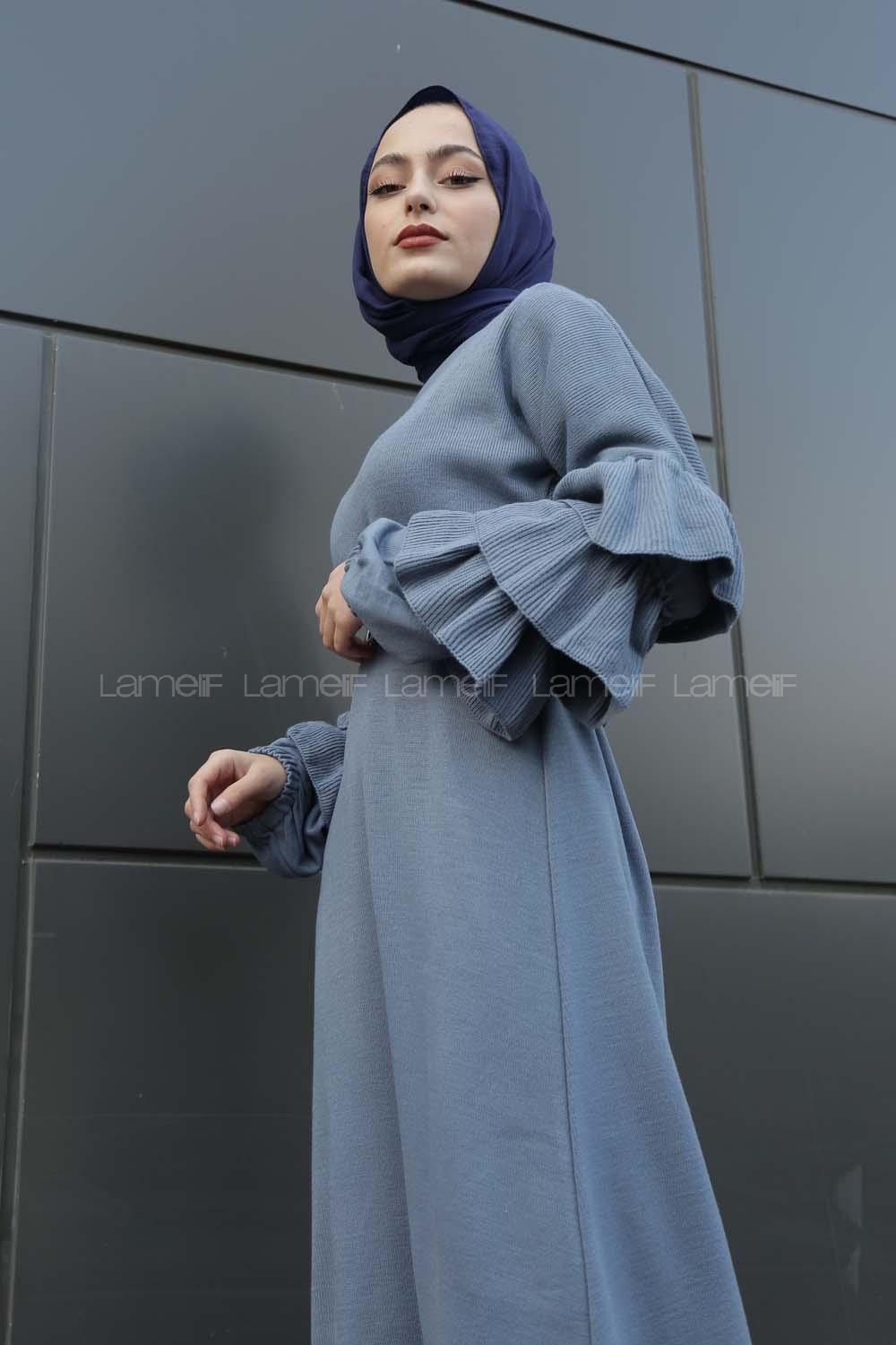 Modalamelif Kolları Fırfırlı Triko Elbise Açık Mavi