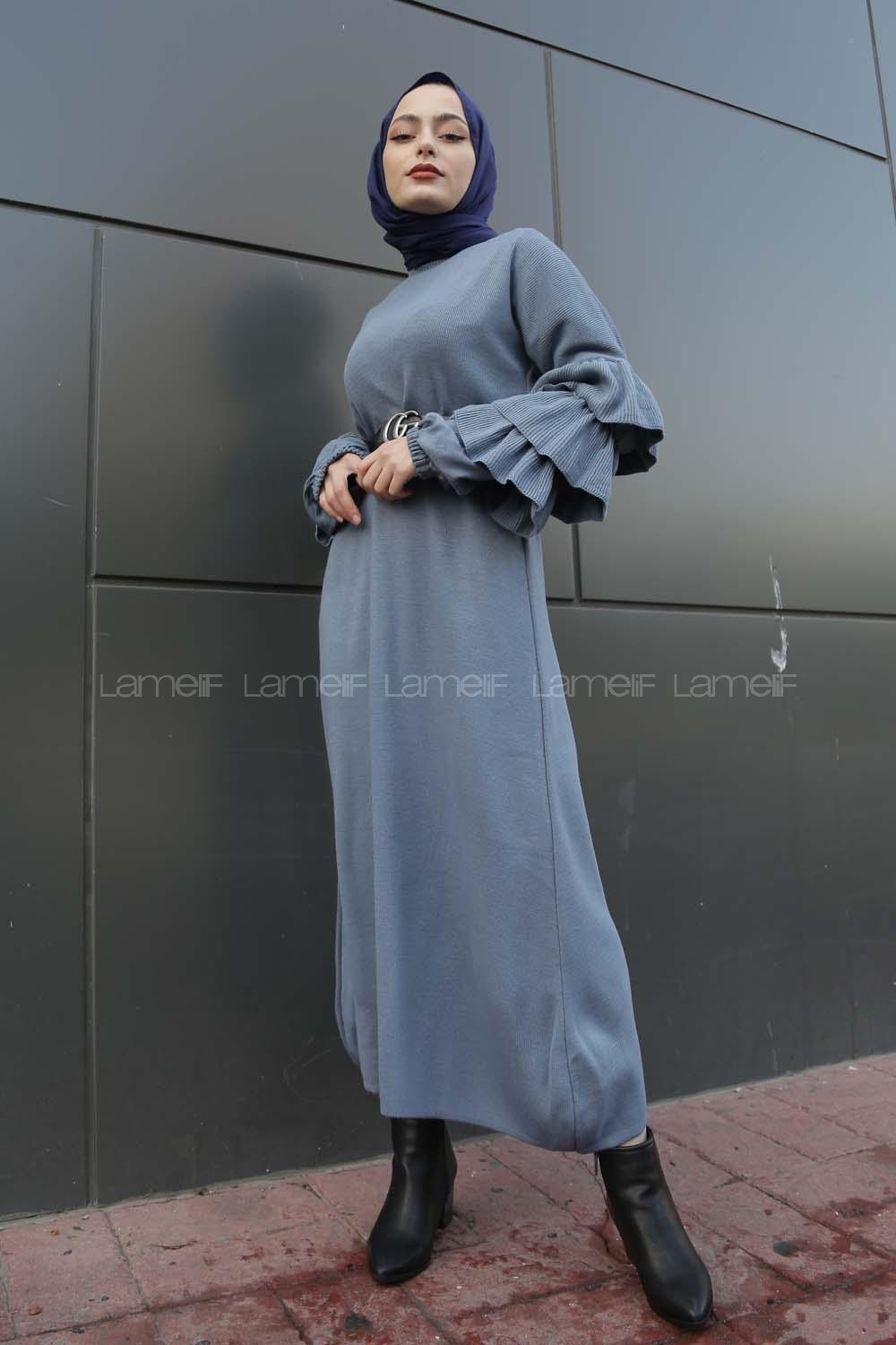 Modalamelif Kolları Fırfırlı Triko Elbise Açık Mavi