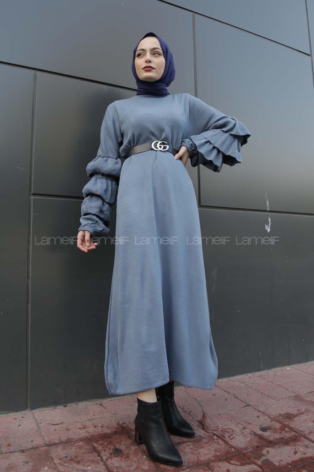 Modalamelif Kolları Fırfırlı Triko Elbise Açık Mavi