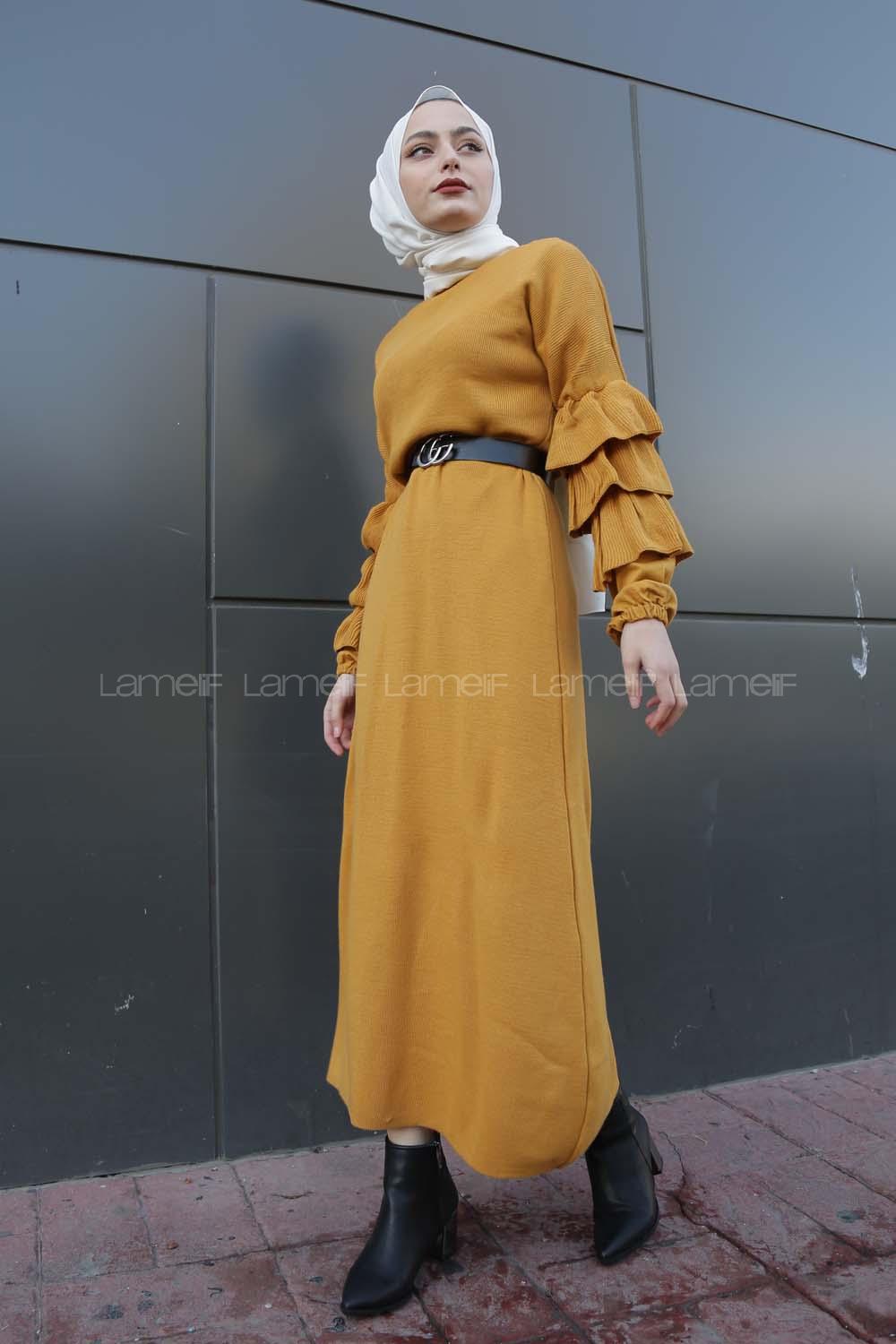 Modalamelif Kolları Fırfırlı Triko Elbise Hardal Sarısı