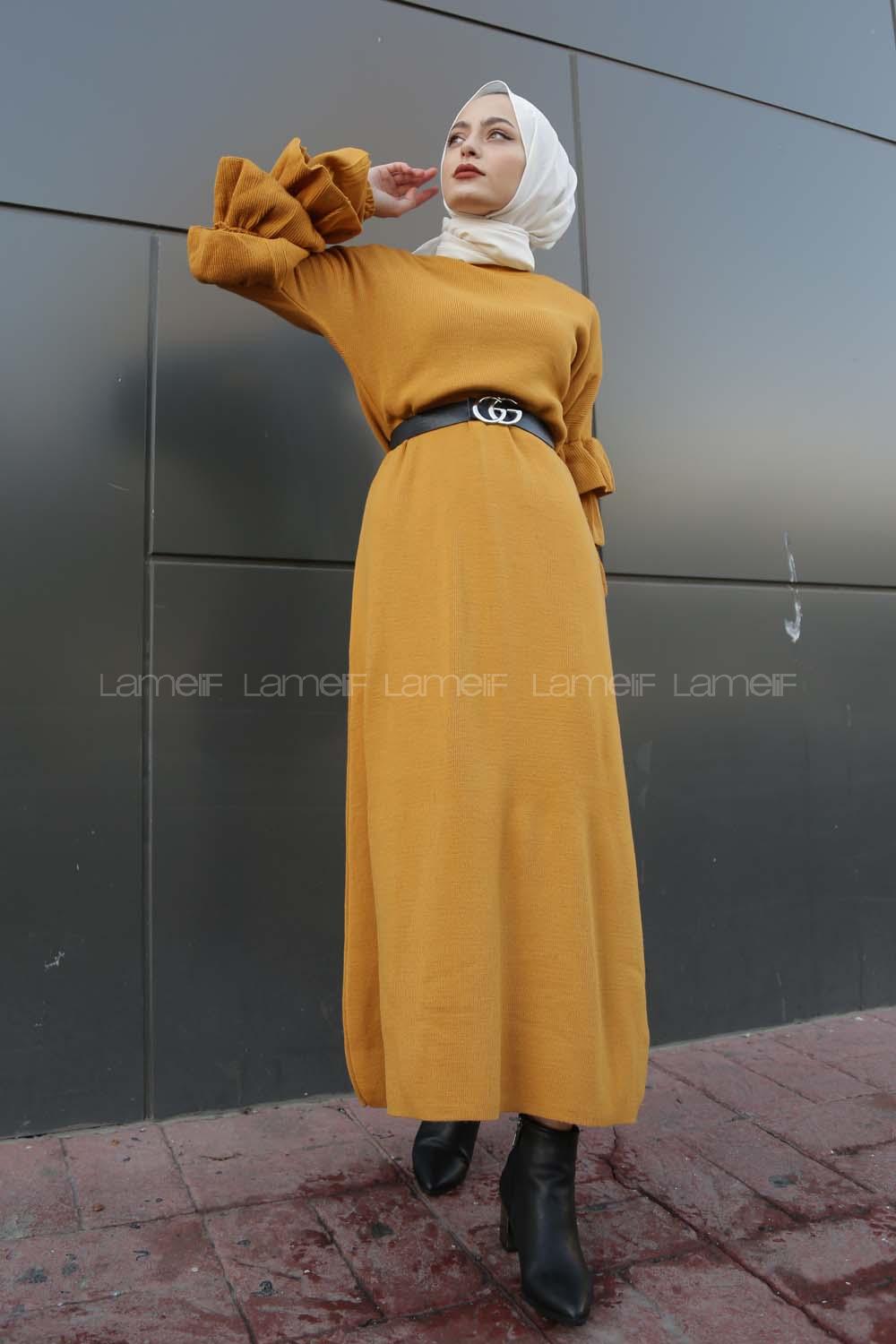 Modalamelif Kolları Fırfırlı Triko Elbise Hardal Sarısı